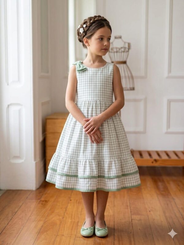 Vestido xadrez na cor verde com laço no ombro